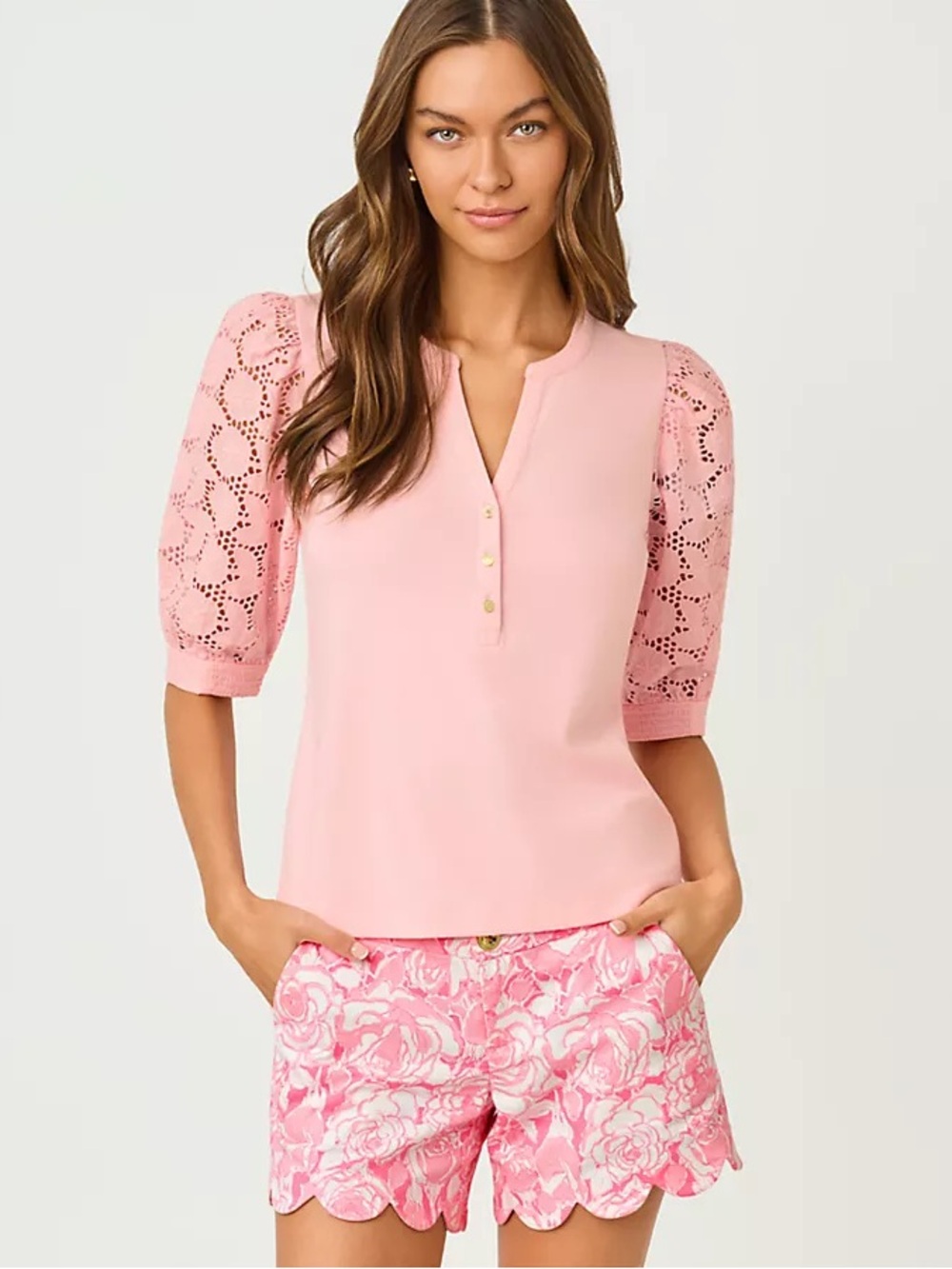 Lilly Pulitzer Ronson Eyelet Knit Elbow Sleeve Top Pink Muse Size XL